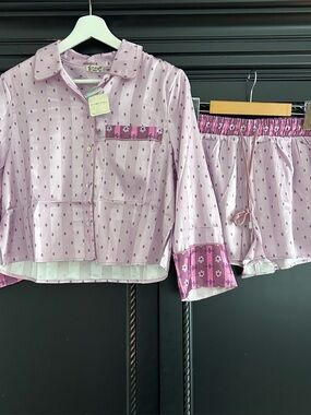 Free people Pink and purple lilac silky pyjama set shirt and shorts Small NWT
